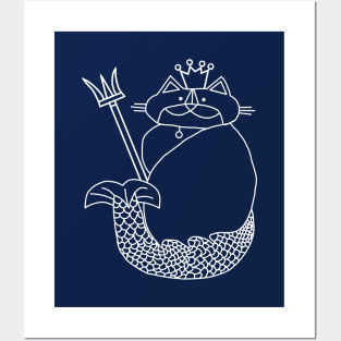 Kevin the Cat Mermaid King White Line Drawing Posters and Art